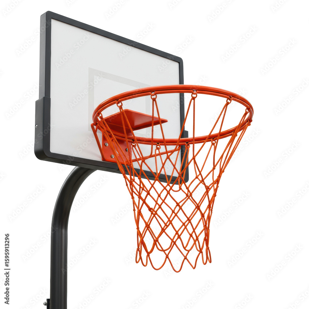 Poster modern basketball return net system with robust dark tubular frame and vibrant orange net, isolated 