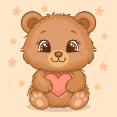 Adorable Fluffy Cartoon Baby Bear character with red heart. Vector illustration of the animal on a soft peach color background with flowers.