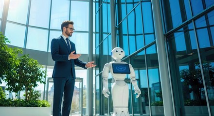 A businessman in a suit gestures while interacting with a humanoid robot in a modern office building with large glass windows
