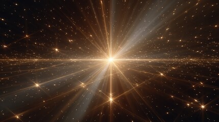 Vast cosmic expanse with  brilliant central star radiating golden light across  field of distant stars