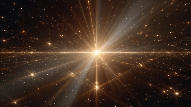 Vast cosmic expanse with  brilliant central star radiating golden light across  field of distant stars