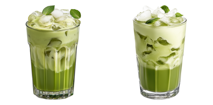 Mint matcha drinks in clear glasses isolated on transparent PNG image perfect for health cafes or Japanese beverage menus