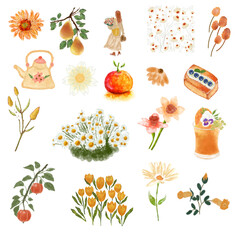 set of summer icons watercolor illustration PNG