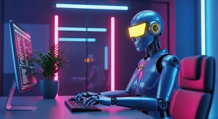 A futuristic robot with glowing yellow visor sits at a desk, typing on a keyboard in front of a computer screen displaying code, illuminated by neon pink and blue lights