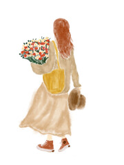 Watercolor illustration of young girl with flowers on the hand from back