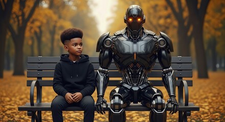 A young boy and a futuristic robot sit together on a park bench surrounded by autumn leaves, symbolizing a unique bond between humanity and technology