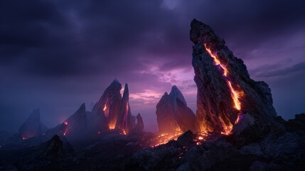 Fiery Volcanic Rock Formations at Night