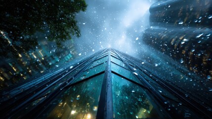 Rainy Night Cityscape: Low Angle View of Modern Glass Building