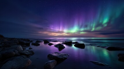 Vibrant Aurora Borealis Over Coastal Rocks at Night