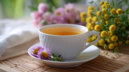 White Cup of Herbal Tea with Pink and Yellow Flowers