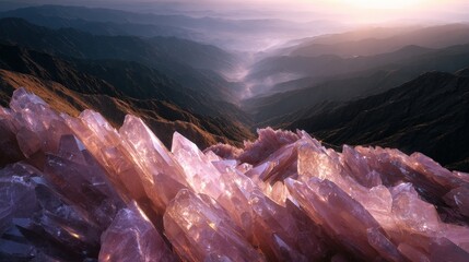 Pink and Purple Crystal Formations at Sunrise Over Mountains