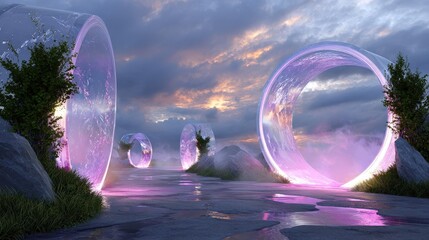Fantasy Landscape with Glowing Purple Rings at Sunset