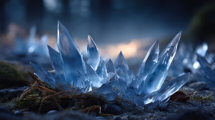 Blue Ice Crystals Cluster on Dark Ground