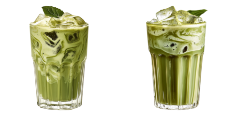 Mint matcha drinks with ice cubes isolated on transparent PNG image perfect for refreshing organic café menus or detox campaigns
