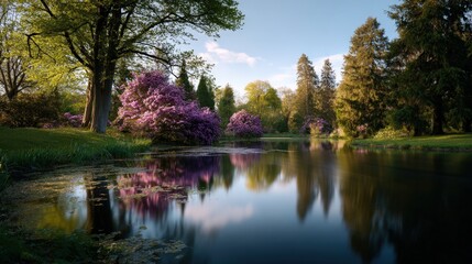 Serene Spring Garden Pond Reflection with Purple Flowers