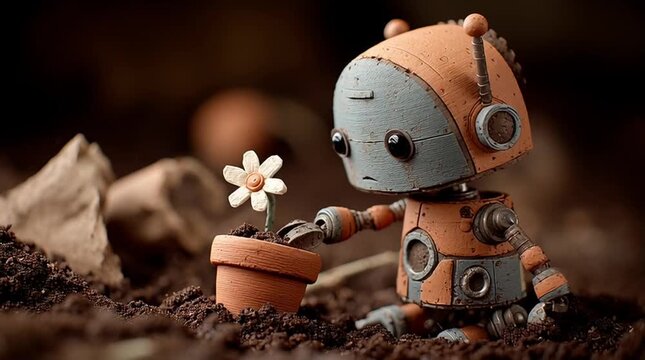 粘土で作られた小さなロボットが花を植えるクレイアートの接写：手作りの温かみと優しい光｜クレイアート,ロボット,花,接写,手作り

