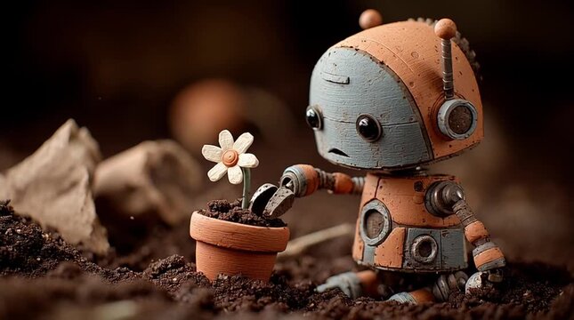 粘土で作られた小さなロボットが花を植えるクレイアートの接写：手作りの温かみと優しい光｜クレイアート,ロボット,花,接写,手作り

