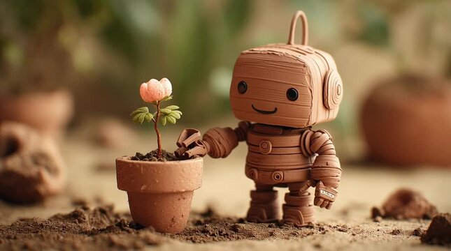 粘土で作られた小さなロボットが花を植えるクレイアートの接写：手作りの温かみと優しい光｜クレイアート,ロボット,花,接写,手作り

