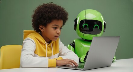 A young boy with curly hair intently uses a laptop, with a friendly green robot sitting beside him, suggesting a modern approach to learning and technology