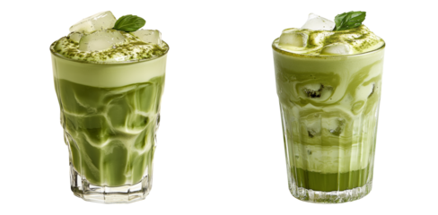 Iced matcha latte drinks in transparent glasses isolated on PNG image perfect for modern cafés or health beverage branding