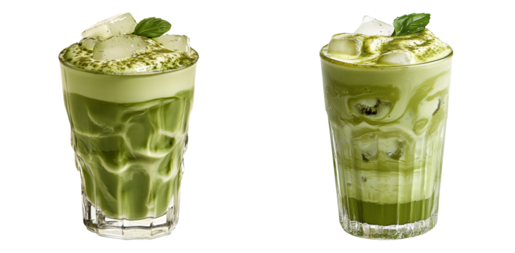 Iced matcha latte drinks in transparent glasses isolated on PNG image perfect for modern cafés or health beverage branding
