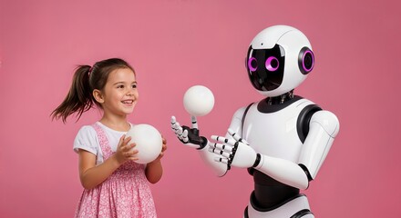 A smiling young girl joyfully plays with a futuristic robot, both holding white balls against a vibrant pink background, symbolizing friendship and technological advancement