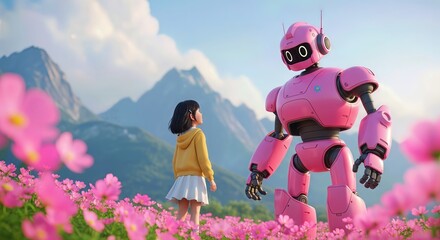 A young girl in a yellow hoodie and white skirt stands in a field of pink flowers, looking up at a large pink robot with mountains in the background