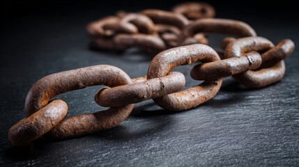 Fototapeta premium Broken iron chain links on a dark surface, symbolizing liberation and breaking free from constraints. 