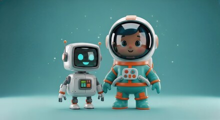 A cute robot and a child astronaut stand together, ready for an adventure in space, with a teal background and sparkling stars
