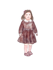 Watercolor illustration of little girl in a maroon dress