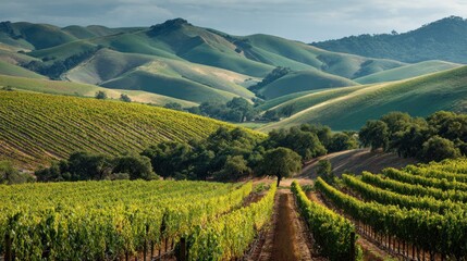 Fototapeta premium Rolling hills of vineyards under a cloudy sky