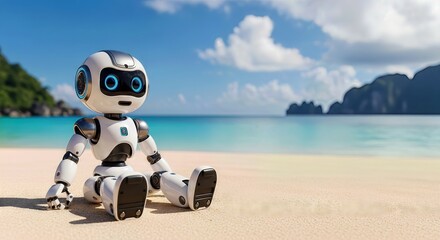 A cute white robot with blue eyes sits on a sandy beach, enjoying a tropical vacation by the turquoise ocean under a blue sky with clouds