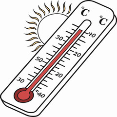 Illustration of a glass thermometer with a red liquid indicating a temperature around thirty degrees