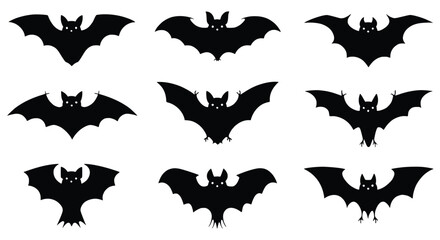 Nighttime Guardians' Silhouettes: A collection of nine distinct silhouettes of bats, showcasing their iconic wing shapes in a minimalist, artistic display against the backdrop. 