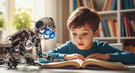 A young boy engrossed in a book, with a complex robot companion beside him, suggesting a future of learning and technological integration