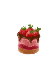 Watercolor Chocolate cake with strawberries on white background 
