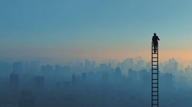 Silhouette figure climbs a ladder to a city skyline - Powered by Adobe