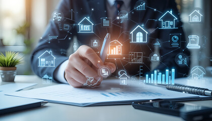 Real Estate Digital Marketing Concept.
Business person working on real estate marketing using digital technology and holographic interface.