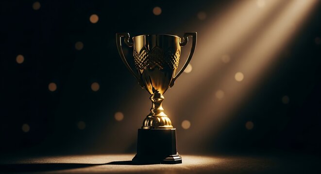 Golden trophy illuminated by dramatic spotlight in dark room