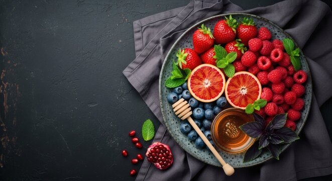 A plate of fresh fruit including strawberries, raspberries, blueberries, and blood oranges, accompanied by honey, arranged on a dark surface with a gray cloth.