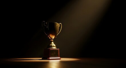 Golden trophy illuminated by spotlight on dark background