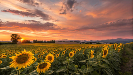 Obraz premium Sunflower fields under a vibrant sunset with warm, golden-hour lighting.