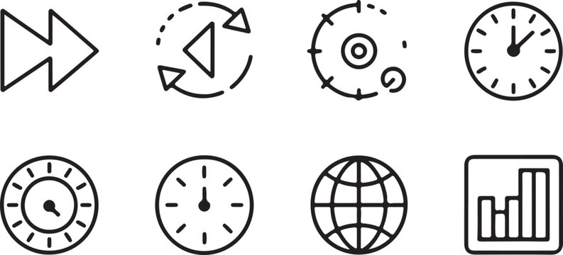 Set of four outline icons representing rotation time tracking global reach and process management suitable for web design infographics or presentations with a clean and