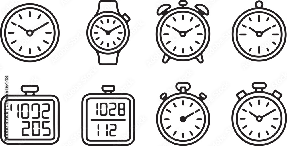 Poster collection of clock icons in black and white featuring a wristwatch alarm clock digital timer and st
