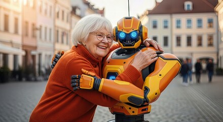 An elderly woman shares a warm embrace with a friendly orange robot on a charming city street, symbolizing a harmonious blend of human connection and advanced technology