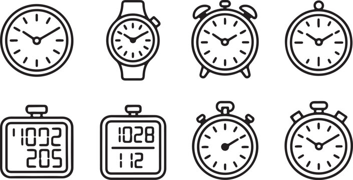 Collection of Clock Icons in Black and White Featuring a Wristwatch Alarm Clock Digital Timer and Stopwatch Perfect for Time Management and Punctuality Concepts