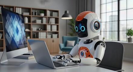 A friendly robot works diligently on a laptop and computer in a modern office setting, surrounded by bookshelves and a large window