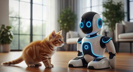 A curious ginger kitten cautiously approaches a friendly, glowing robot in a modern living room with large windows and plants