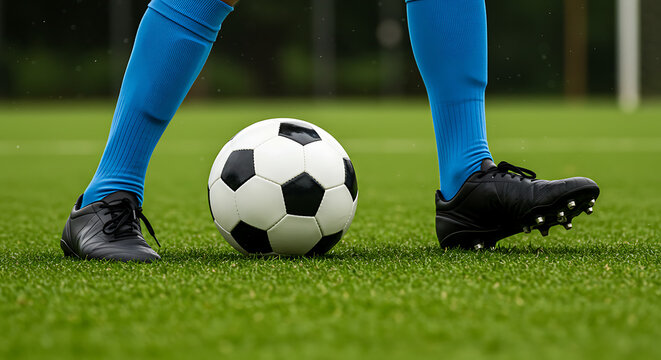 Soccer player with ball on green field ready to kick