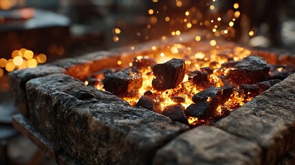 Glowing Coals in a Stone Forge with Sparks, Blacksmithing Detail, CloseUp